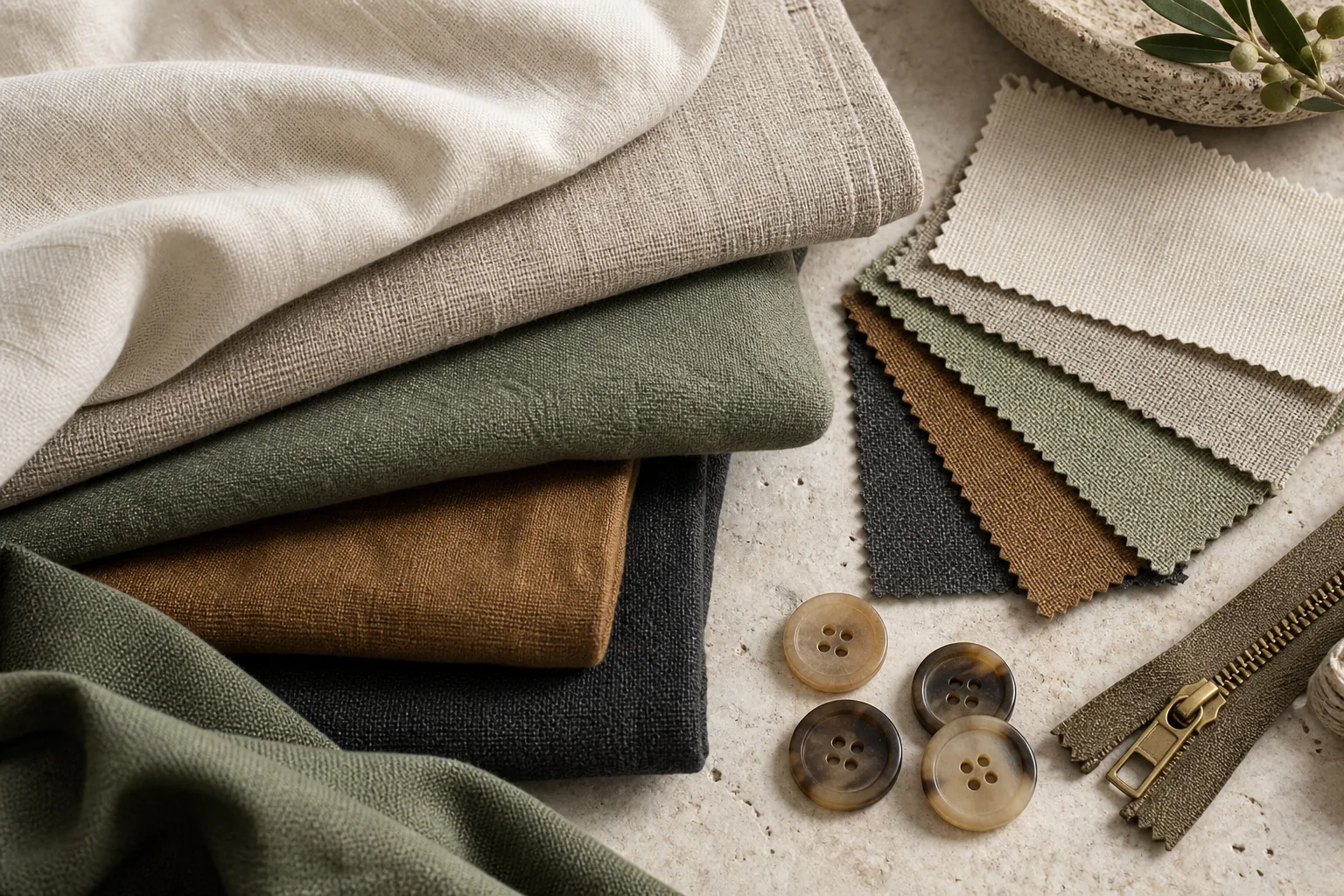 Concept arrangement of fabric swatches, buttons and a zipper