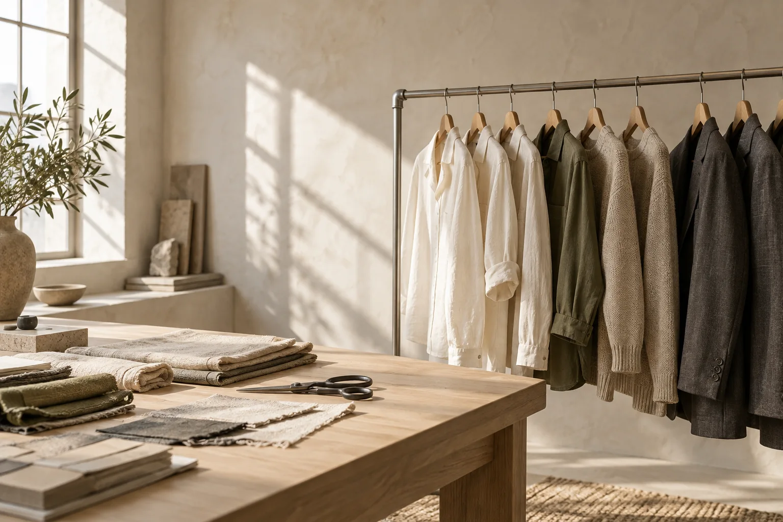 Concept styling of neutral garments and fabric samples in a sunlit studio